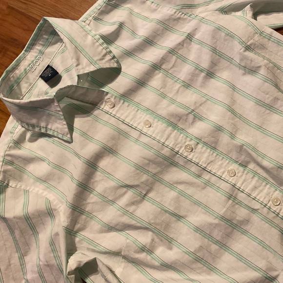 IZOD Ladies Button Up Shirt w/ Vertical Mint Green Stripes and Pleated Waist - Picture 4 of 5